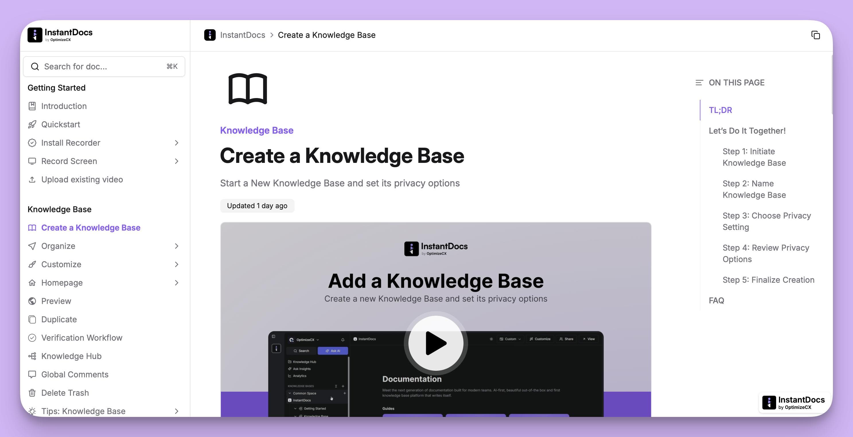 InstantDocs knowledge base software for customer onboarding documentation