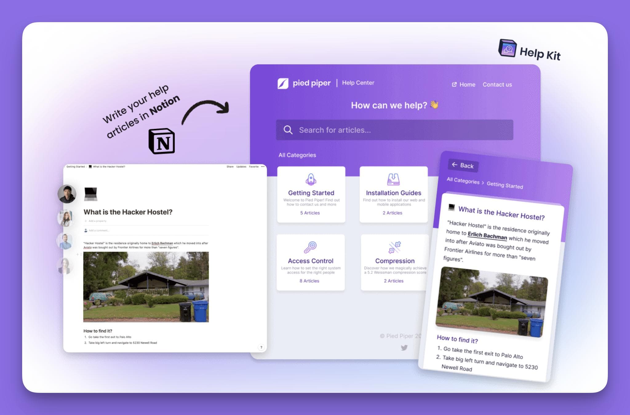 A graphic showing how HelpKit, a Document360 alternative, converts an article written in Notion into a polished, public help center for a brand called 'Pied Piper'.