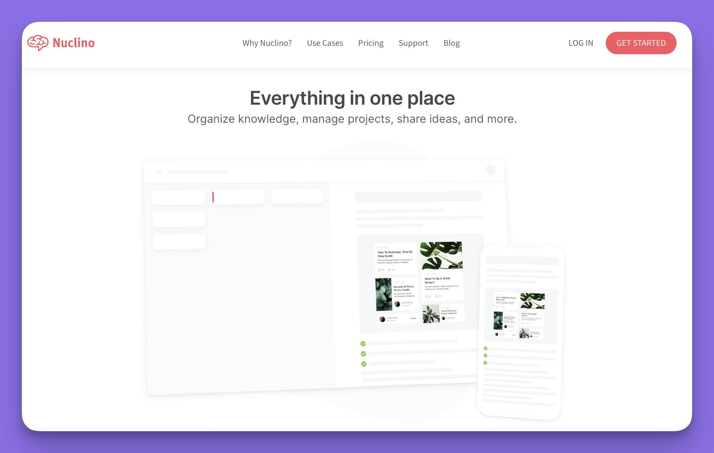A screenshot of the Nuclino website homepage, a Document360 alternative, showing its 'Everything in one place' value proposition for organizing knowledge and managing projects.