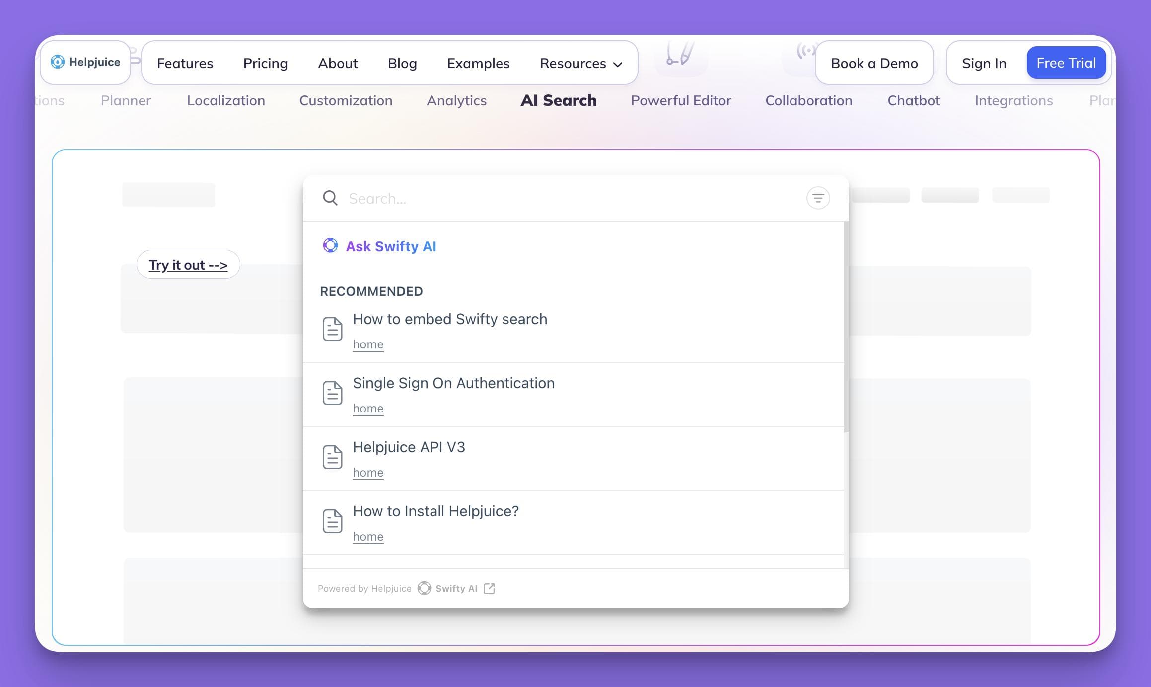 A screenshot of the Helpjuice knowledge base, a Document360 alternative, highlighting its 'Ask Swifty AI' search feature with a list of recommended articles.